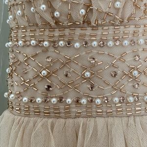 Beige Floor Length Prom Dress with Pearl & Gold Embroidery